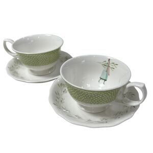 Portmeirion A Fine Romance Footed Tea Cup & Saucer Green SET OF TWO DISCONTINUED